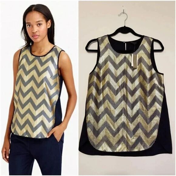 J Crew Navy & Gold Chevron Gilded Tank Blouse - Picture 2 of 7